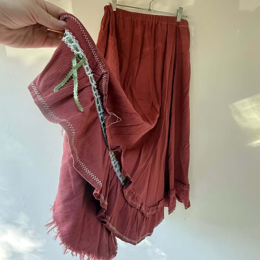 Handmade Maxi Skirt Maroon Ruffled Raw Hem with Green Ribbon